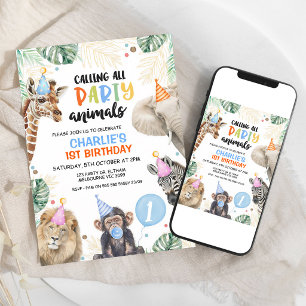 Blauw Safari Jungle Dieren Jongens Verjaardag Kaart