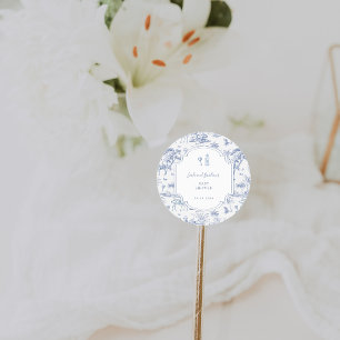 Blauw Safari Toile de Jouy Baby Shower Ronde Sticker