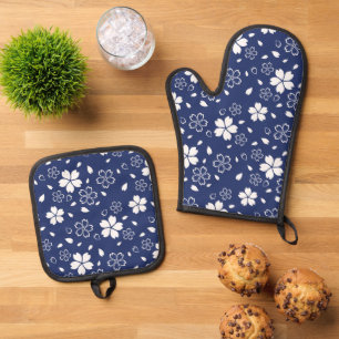 Blauw Sakura-patroon Ovenwant & Pannenlap Set