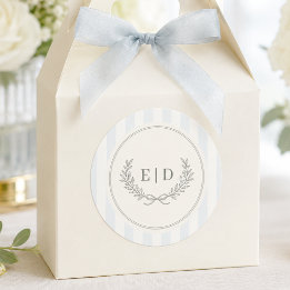 Blauw & Salie Gestreepte Monogram Bruiloft Ronde Sticker