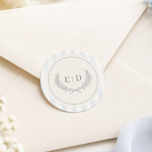 Blauw & Saliegroen Gestreepte Monogram Huwelijk Ronde Sticker