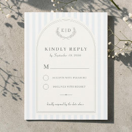 Blauw & Saliegroen Gestreepte Monogram Huwelijk RSVP Kaartje