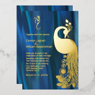 Blauw Satijn met Gouden Pauw en Ganesha Bruiloft Folie Uitnodiging