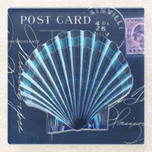 Blauw  Scallop Shell US Postage Collage Glazen Onderzetter