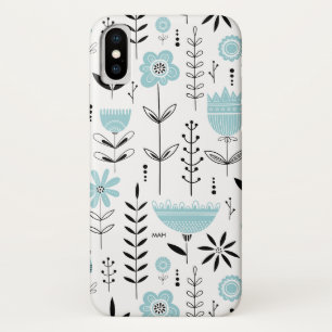 Blauw Scandinavisch Bloempatroon Monogram iPhone X Hoesje