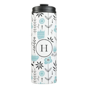 Blauw Scandinavisch Bloempatroon Monogram Thermosbeker