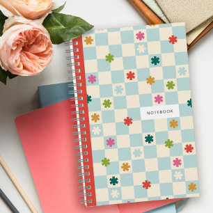 Blauw schaakbordpatroon sterren bloemen notitieboe notitieboek