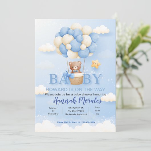 Blauw Schattige Baby Beer Baby shower Uitnodiging (Staand voorkant)