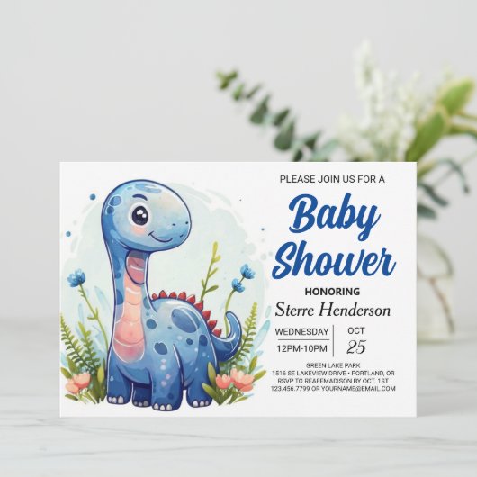 Blauw Schattige Digitaal Dinosaur Jongen Baby show Kaart (Staand voorkant)