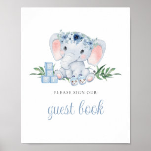 Blauw Schattige Olifant Baby shower Gastenboek Sig Poster