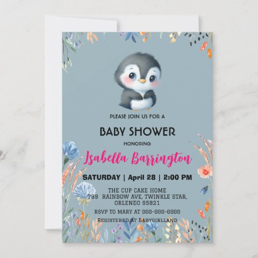 Blauw Schattige pinguïn zoet bloem baby shower kin Kaart (Voorkant)