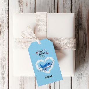 Blauw Schattige Vliegtuig & Wolken, Kinder Valenti Cadeaulabel
