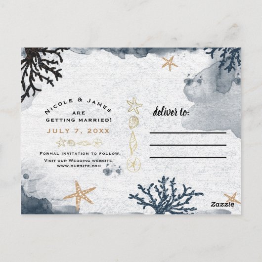 Blauw Scheepvaart Koraal Aquarel Strand Bewaar de Briefkaart (Achterkant)