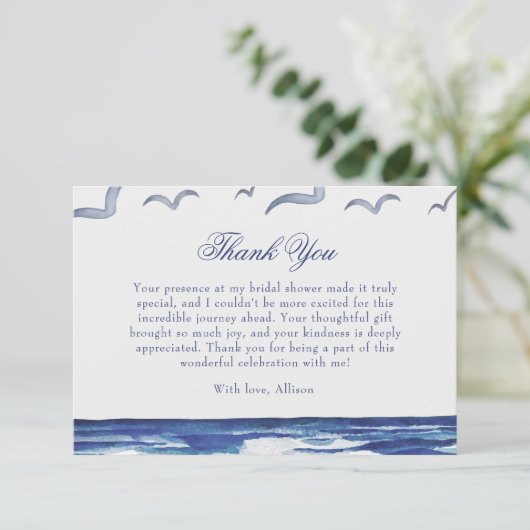 Blauw Scheepvaart Kust Zee Bruidsfeest Bedankt Informatiekaartje (Staand voorkant)