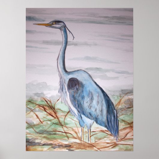 Blauw schilderij van de Waterverf Heron Poster (Voorkant)
