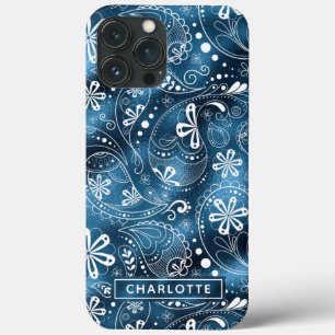 Blauw schitterend modern meisjesachtig paisley gep iPhone 13 pro max hoesje