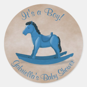 Blauw schommelend paard baby jongen ronde sticker