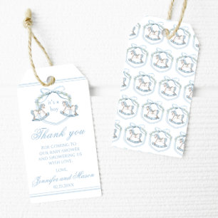Blauw schommelend paard boho baby jongen douche da cadeaulabel
