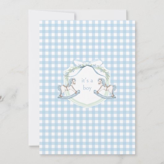 Blauw schommelend paard gingham boho baby jongen d kaart (Achterkant)