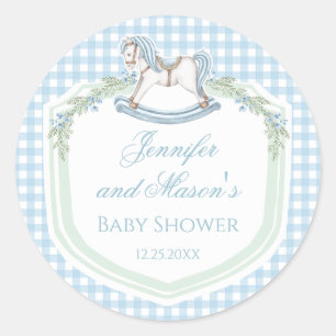 Blauw schommelend paard gingham preppy baby boy do ronde sticker
