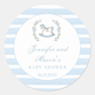 Blauw schommelend paard klassieke boho baby jongen ronde sticker