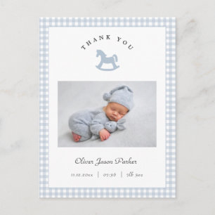 Blauw schommelpaard Gingham Jongens Geboorteaankon Briefkaart
