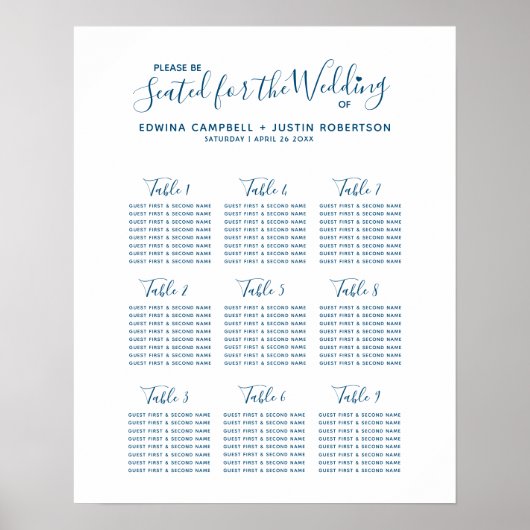 Blauw schrift hart kunst trouwtafel plan poster (Voorkant)
