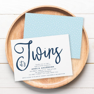Blauw script en pastblauw Het Baby shower met twee Kaart