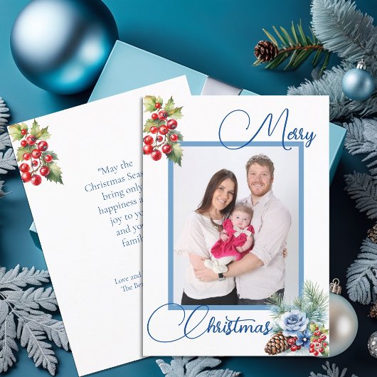 Blauw Script op Wit & Bessen Kerstmis Groet Feestdagenkaart