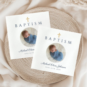 Blauw script Religieuze Cross Boy Baptism Foto Servet