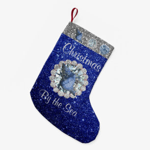 Blauw Seashell Jewel Blauw & Zilver Faux Glitter Kleine Kerstsok