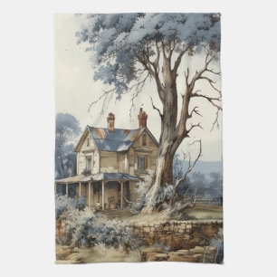 Blauw Sepia Bruin Toile Landhuis Platteland Theedoek