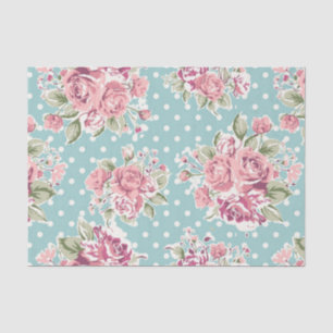 Blauw, shabby, polka punt wit, bloemroze, leuk, tissuepapier