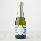 Blauw Siciliaans Patroon Mini Fizz Flesetiket Sparkling Wijnetiket (Voorkant)