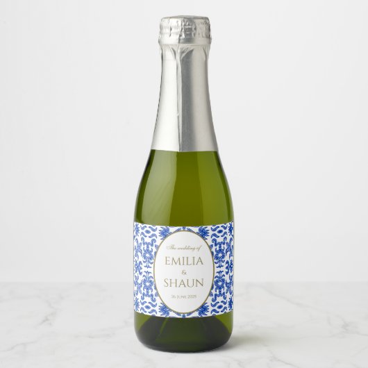 Blauw Siciliaans Patroon Mini Fizz Flesetiket Sparkling Wijnetiket (Voorkant)