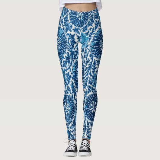  blauw sierbloempatroon leggings (Voorkant)