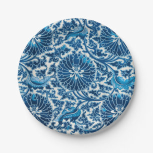 blauw sierbloempatroon papieren bordje