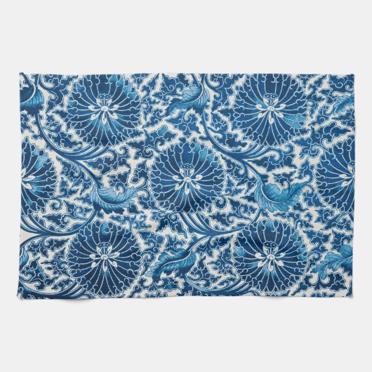 blauw sierbloempatroon theedoek (Horizontaal)