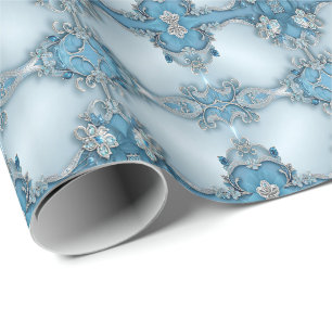 Blauw Sierlijk Bloemmotief Inpakpapier