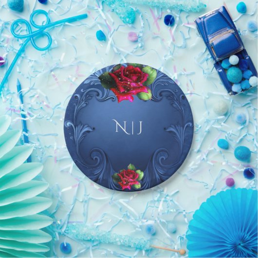 Blauw sierrode rozen bruiloft papieren bordje (Feest)