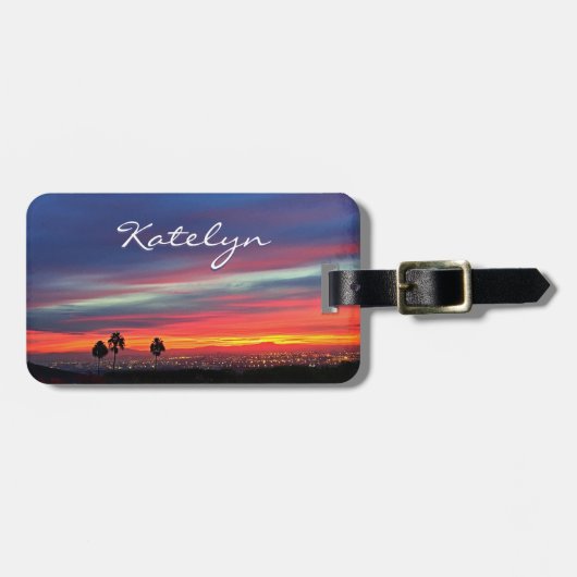 Blauw sinaasappel bewolkt zonsondergang foto aange bagagelabel (Voorkant horizontaal)