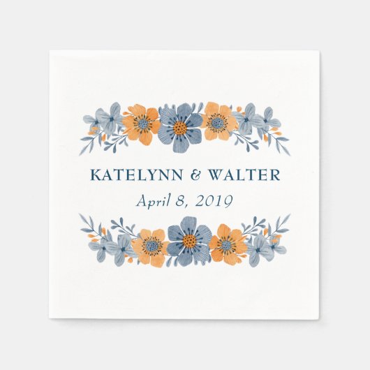 Blauw & Sinaasappel Bloem Bruiloft Aangepaste Serv Servet (Voorkant)