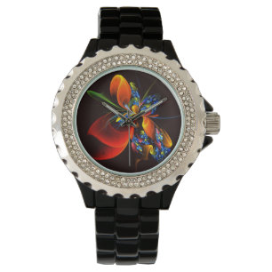 Blauw Sinaasappel Bloemen Modern Abstract Kunstpat Horloge