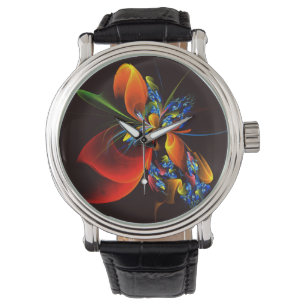 Blauw Sinaasappel Bloemen Modern Abstract Kunstpat Horloge