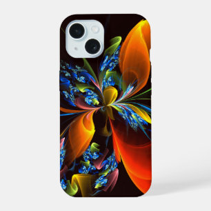 Blauw Sinaasappel Bloemen Modern Abstract Kunstpat iPhone 15 Hoesje