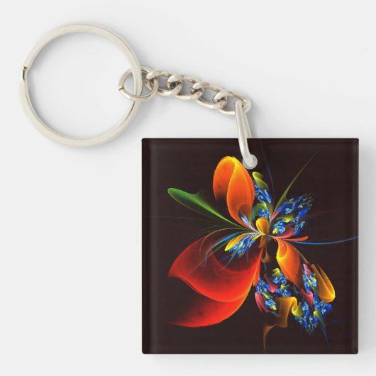 Blauw Sinaasappel Bloemen Modern Abstract Kunstpat Sleutelhanger (Voorkant)