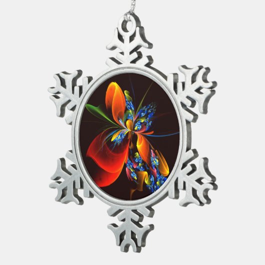 Blauw Sinaasappel Bloemen Modern Abstract Kunstpat Tin Sneeuwvlok Ornament (Rechts)