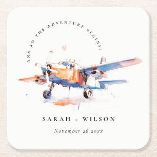 Blauw Sinaasappel Blush Waterverf Air Plane Weddin Vierkante Kartonnen Onderzetter