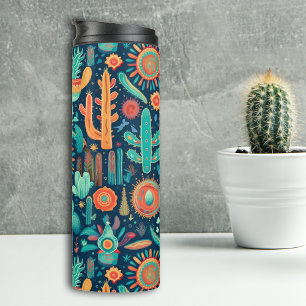 Blauw Sinaasappel Boho Cactus Western Patroon Thermosbeker