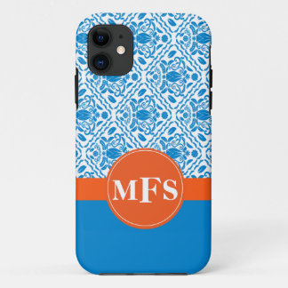 Blauw/Sinaasappel Damask Pattern Initialen iPhone  iPhone 11 Hoesje